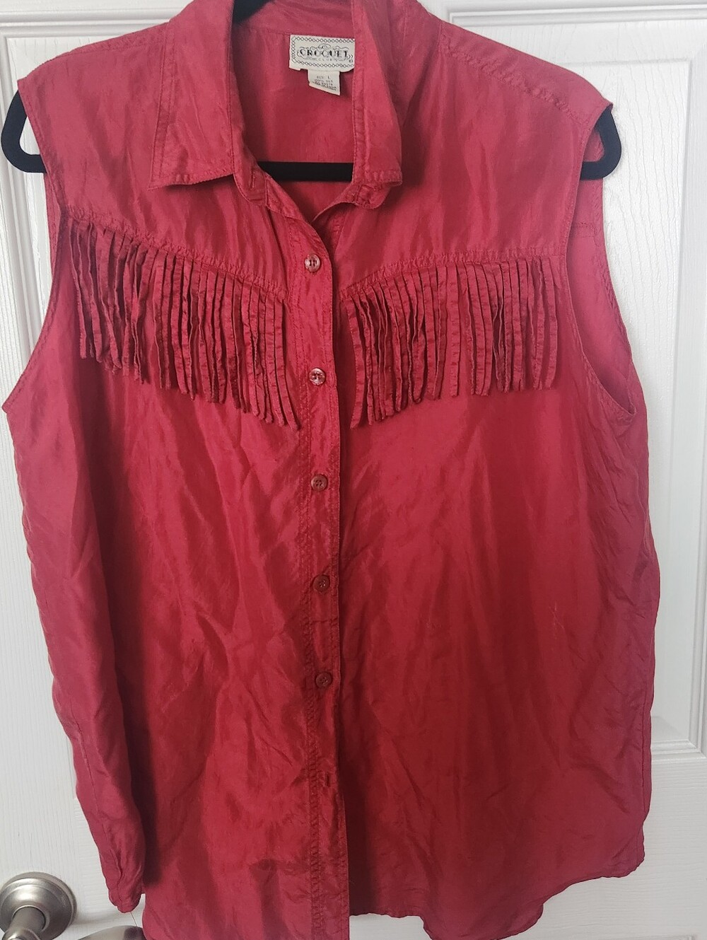 Deep Red Sleeveless Fringe Silk Button-Down Top